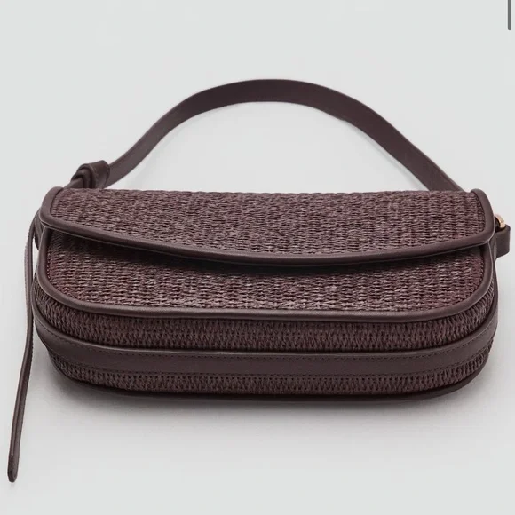 mango raffia shoulder bag with flap in chocolate nwt
